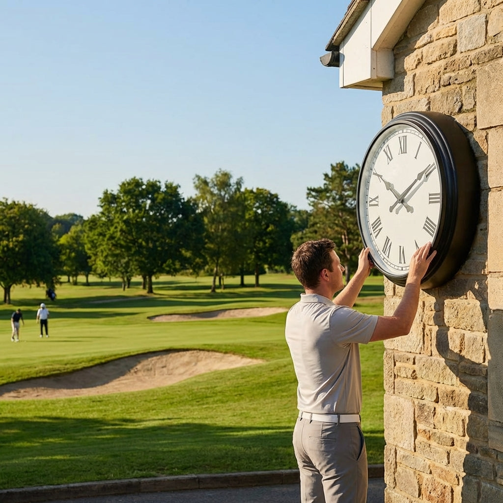 Customisable outdoor clock with black frame for golf clubhouses