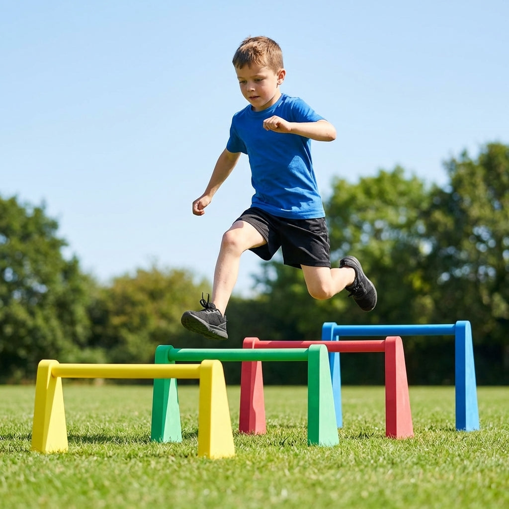 Adjustable foam hurdles in red, yellow, green, and blue for young athletes - product detail