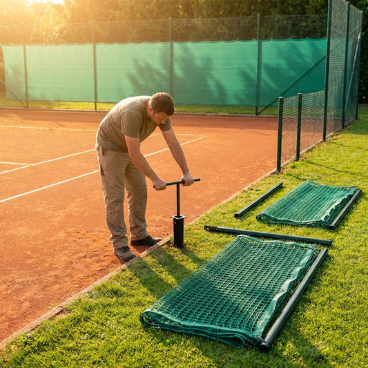 Removable tennis court surround system with steel posts and HDPP netting