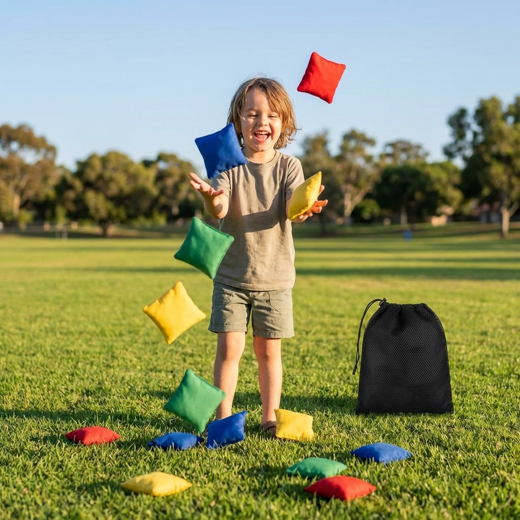 Colourful soft bean bags for kids, available in multiple colours for indoor and outdoor play.