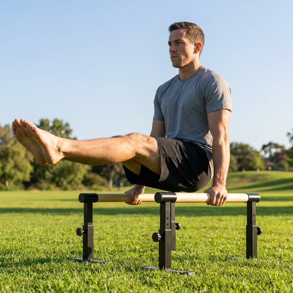 Adjustable parallettes bars with steel frame and beech wood handles for home and gym use