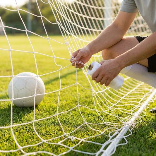 Net tie twine in black, white, and blue for outdoor sports net repair