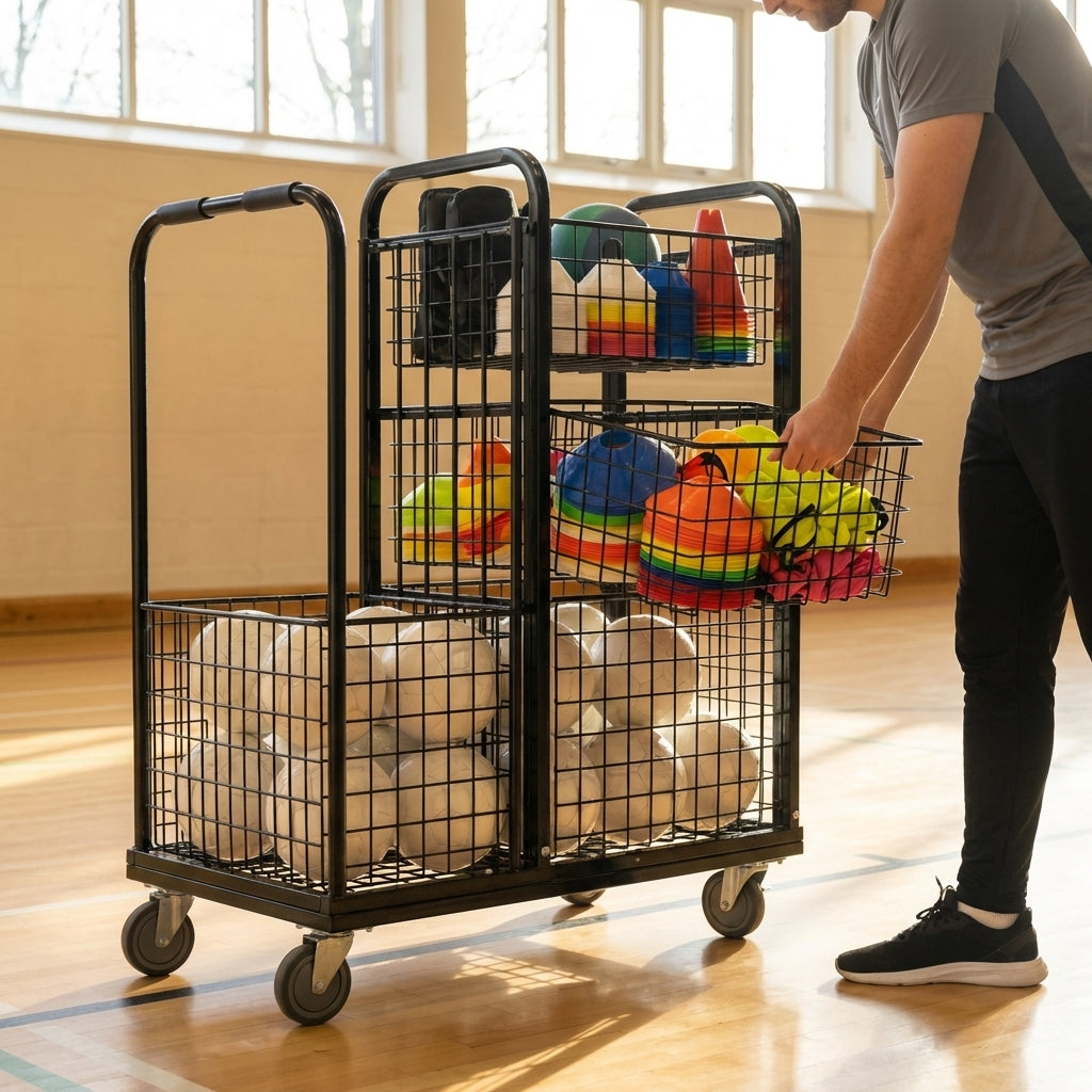 Sports Equipment Storage Trolley with mesh baskets and wheels