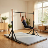 Adjustable gymnastics training bar with steel and beech construction