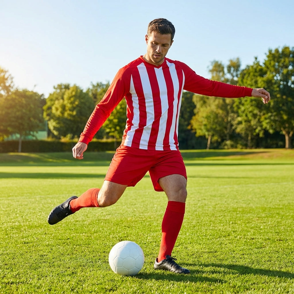 Men's Striped Football Kit with long-sleeve top, shorts, and socks