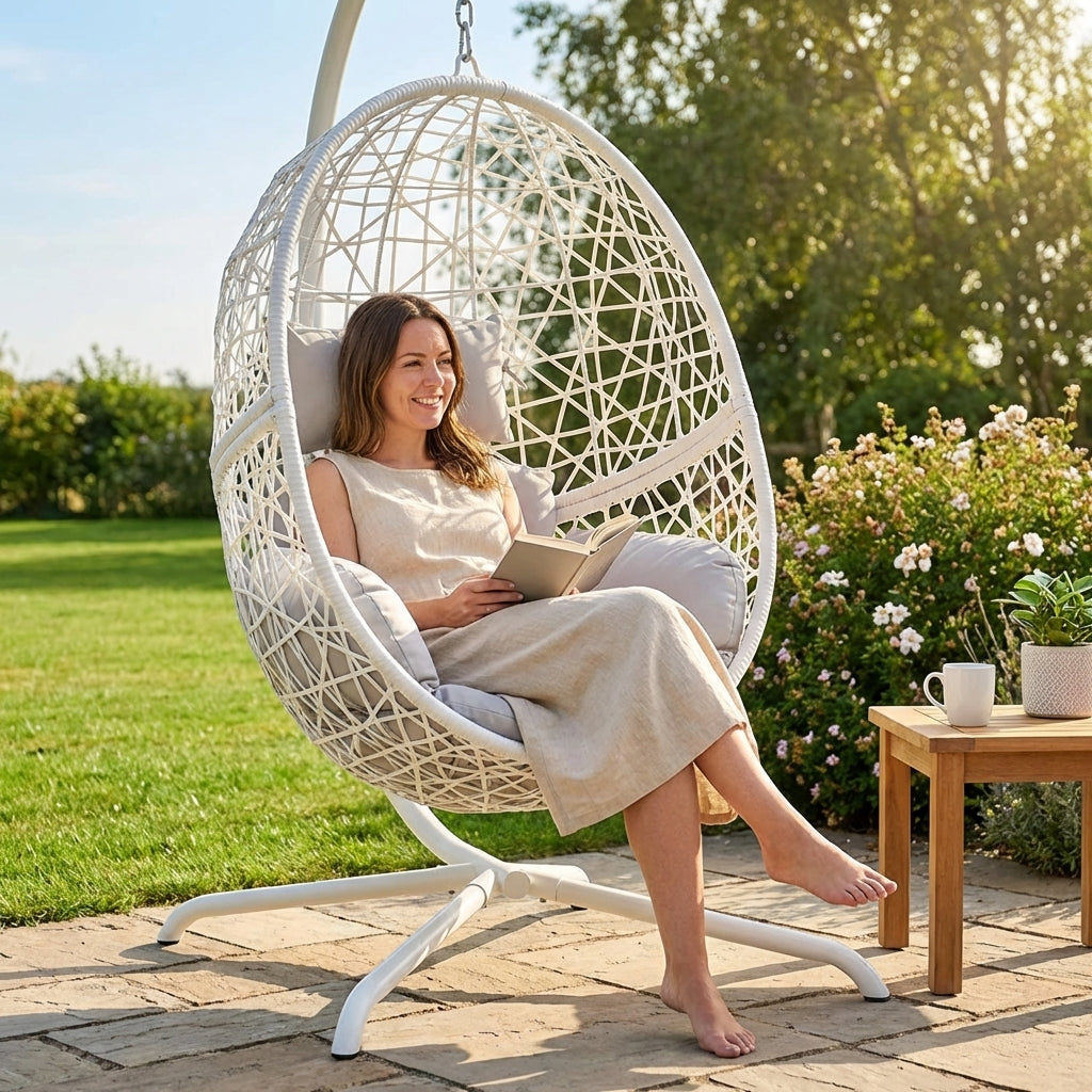 Hanging egg swing chair with steel frame and rattan design