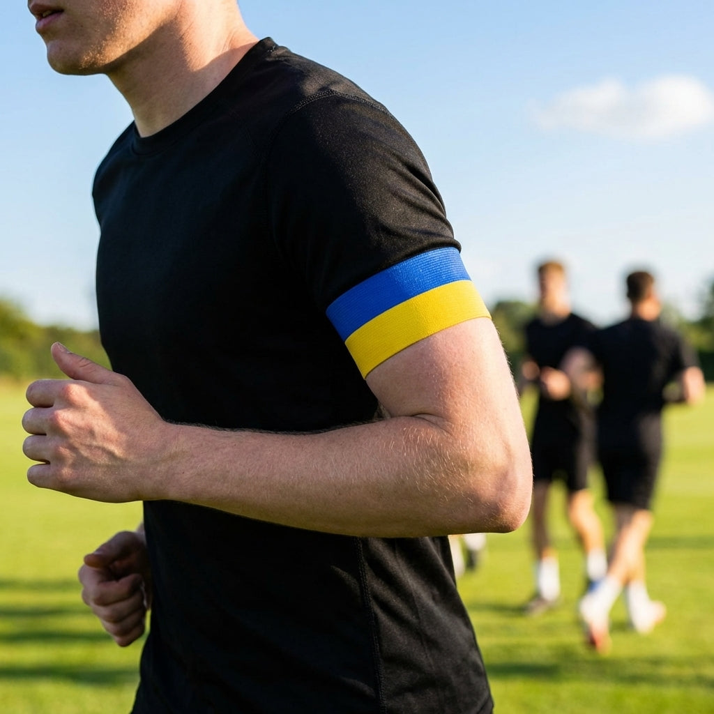 Blue and yellow sports armband made from elastic polyester