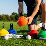 Lacrosse training marker cones in various vibrant colours