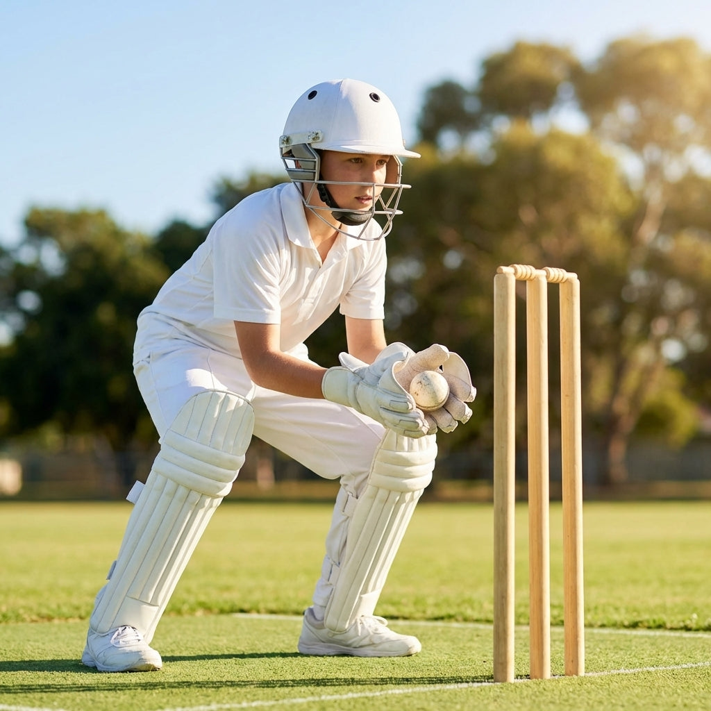 Junior cricket wicket keeper pads with cane and foam construction