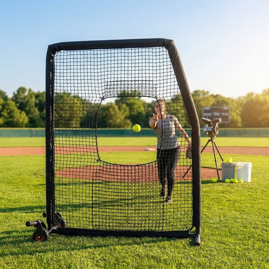 Softball pitching screen with steel frame and foam padding