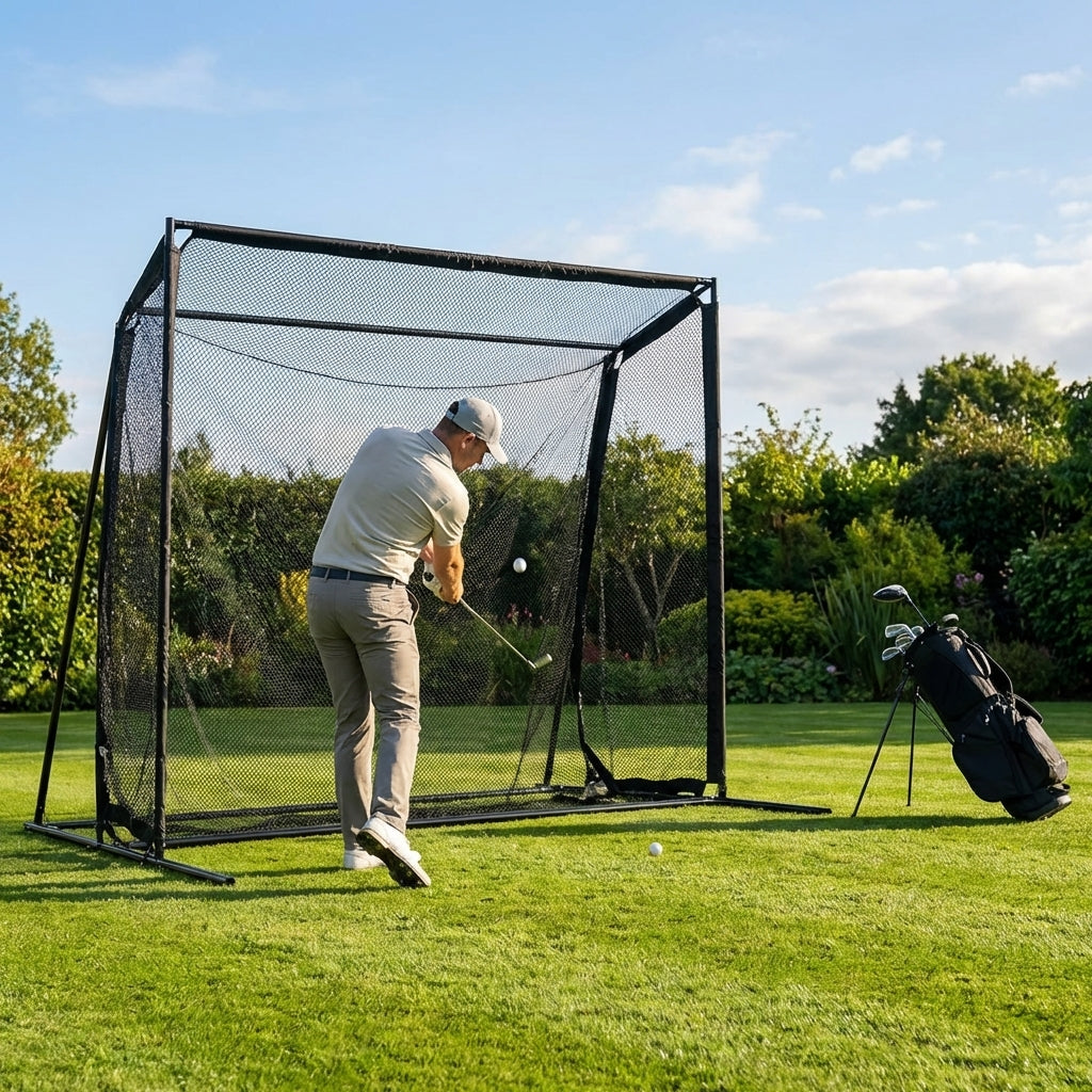 Golf practice net with steel poles for garden and range use
