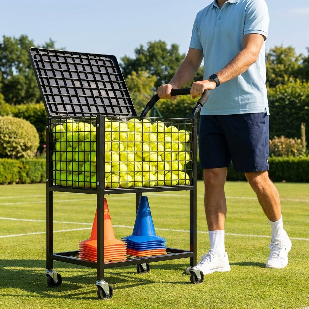 Tennis ball trolley with 325 ball capacity made from aluminium