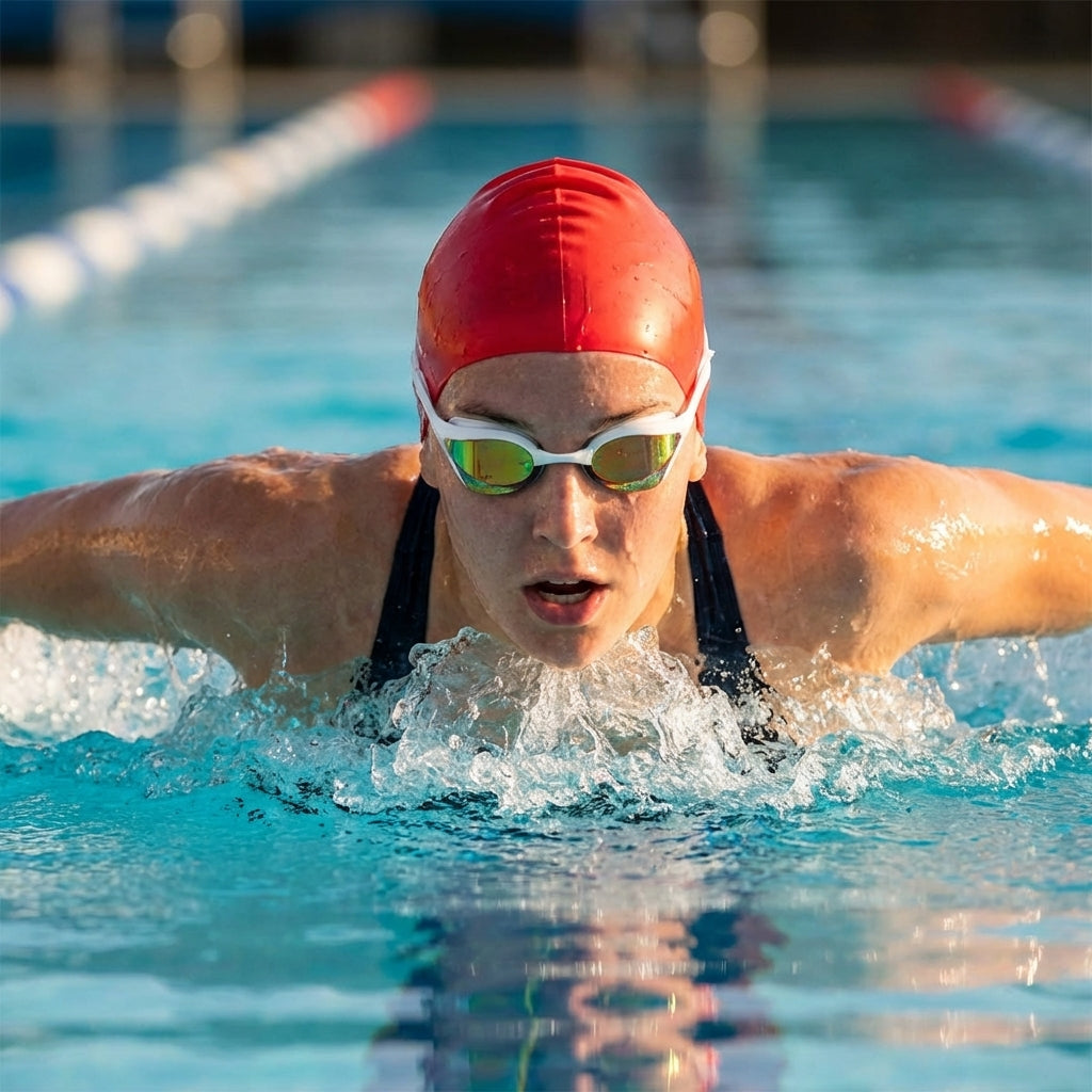 Racing swimming goggles with panoramic mirrored lenses