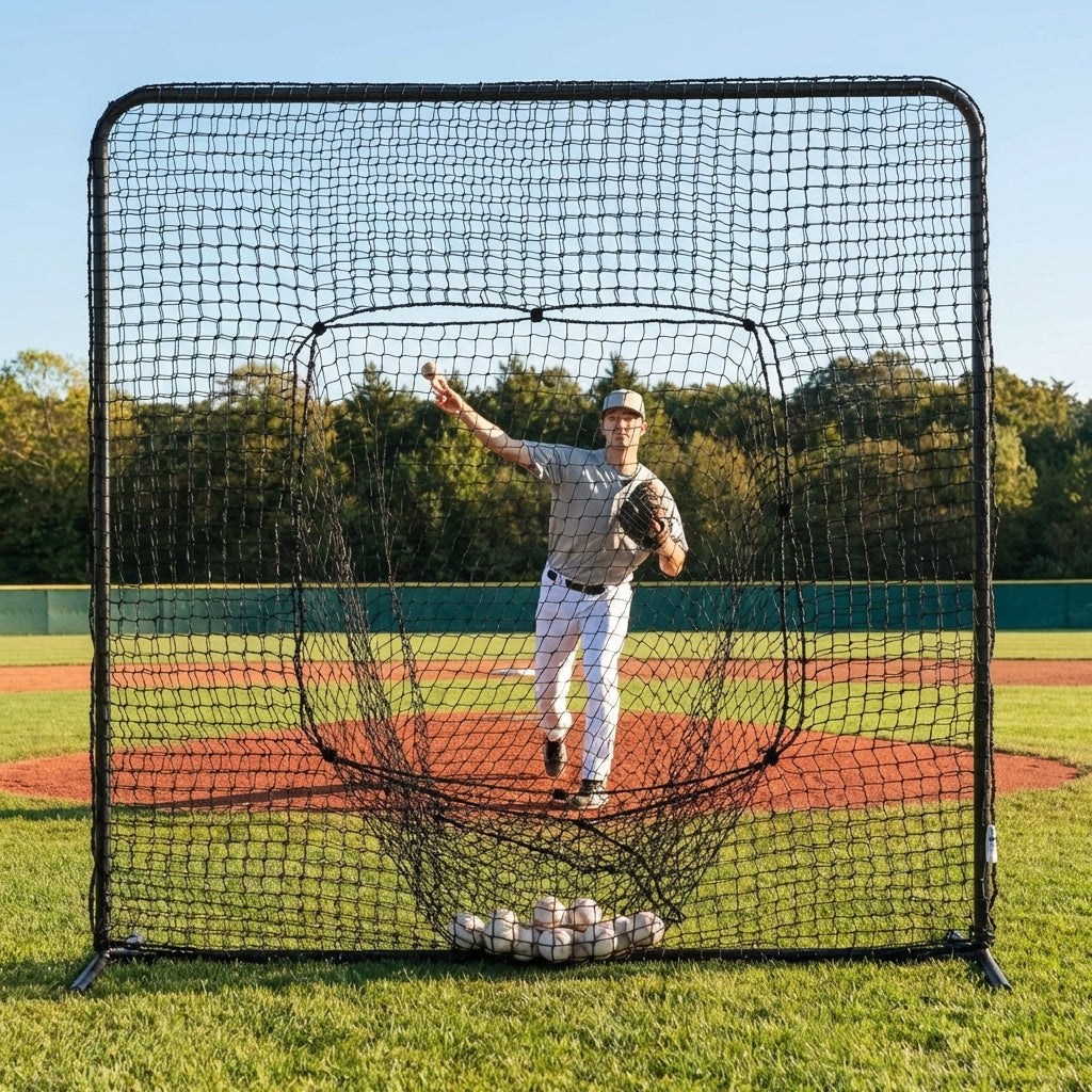 Baseball sock net with sturdy steel frame and weatherproof netting