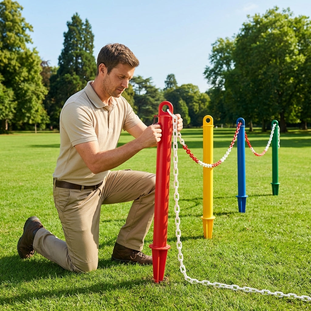 Plastic post and chain set for soft grounds, available in 5 colours