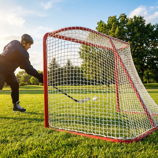 Full-size ice hockey goal with galvanised steel frame and net - product detail