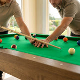 Game table accessories including pool cues, air hockey pucks, and table tennis net