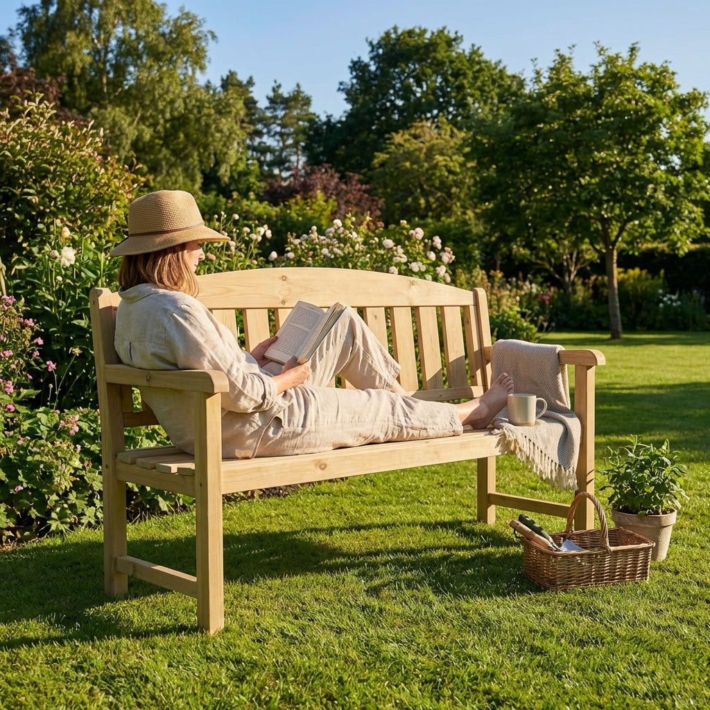 Wooden garden bench with three seats, pressure-treated for outdoor use - product detail