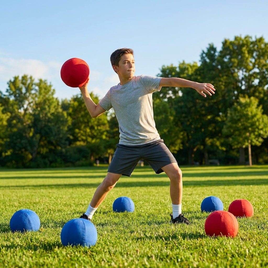 7in cloth dodgeball in red, blue, and yellow/black, perfect for indoor sports