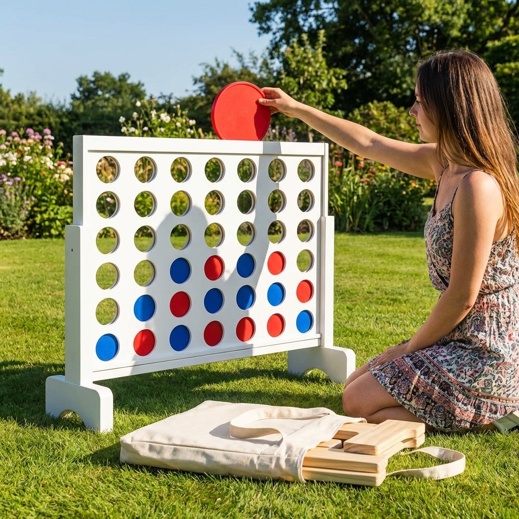Giant Connect 4 Game in white, made of pine wood, with colourful coins