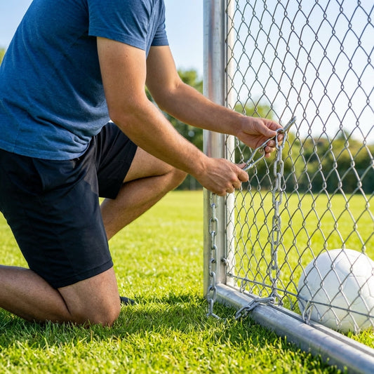 Galvanised steel goal anchor chains securing sports goals