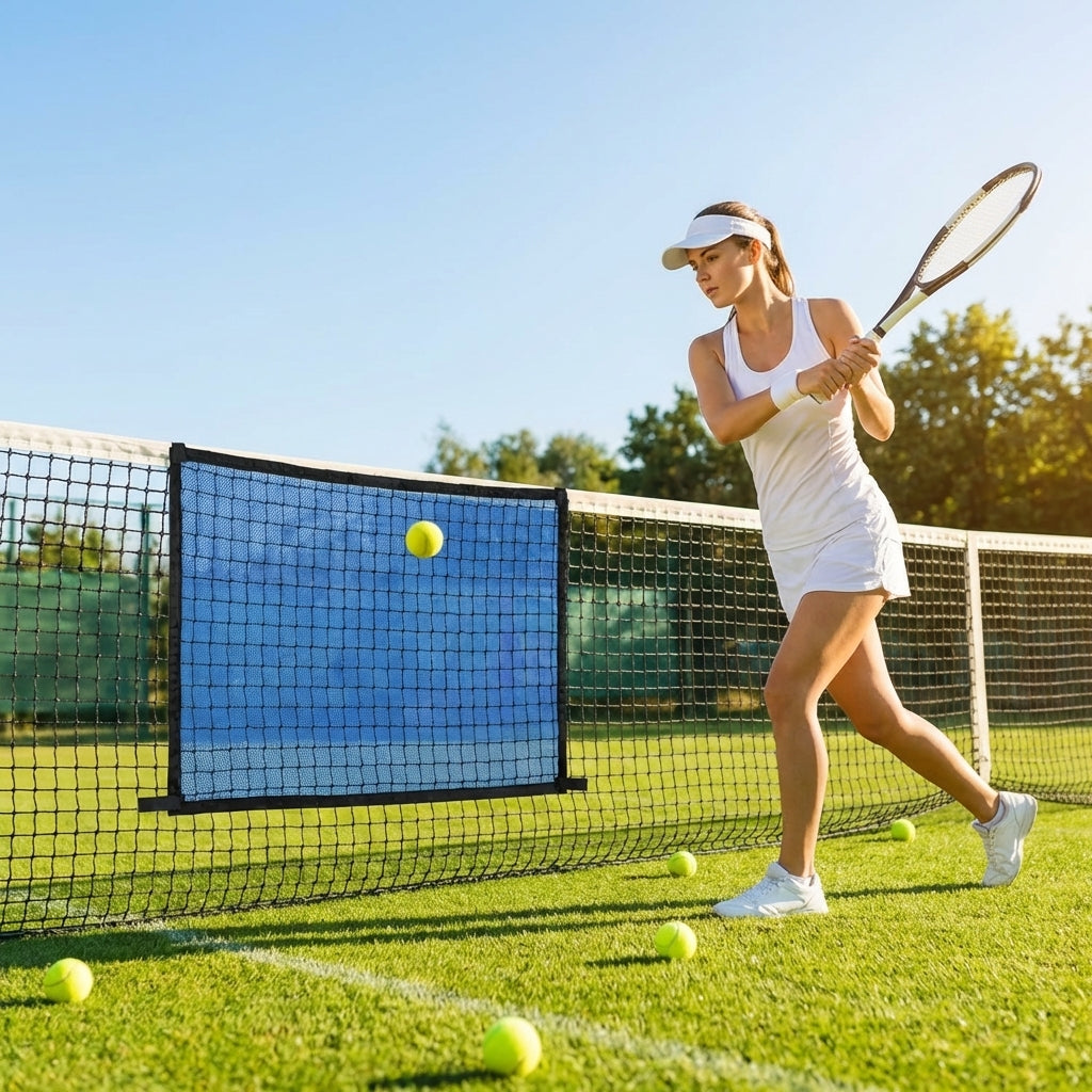 Tennis Net Targets in blue and green attached to a net