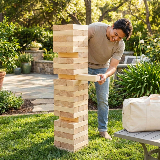 Giant Tumble Tower game with pine wood blocks