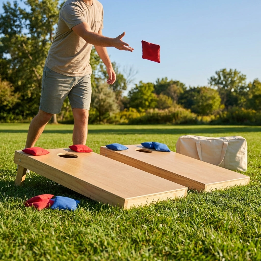 Wooden cornhole board set with bean bags for outdoor games