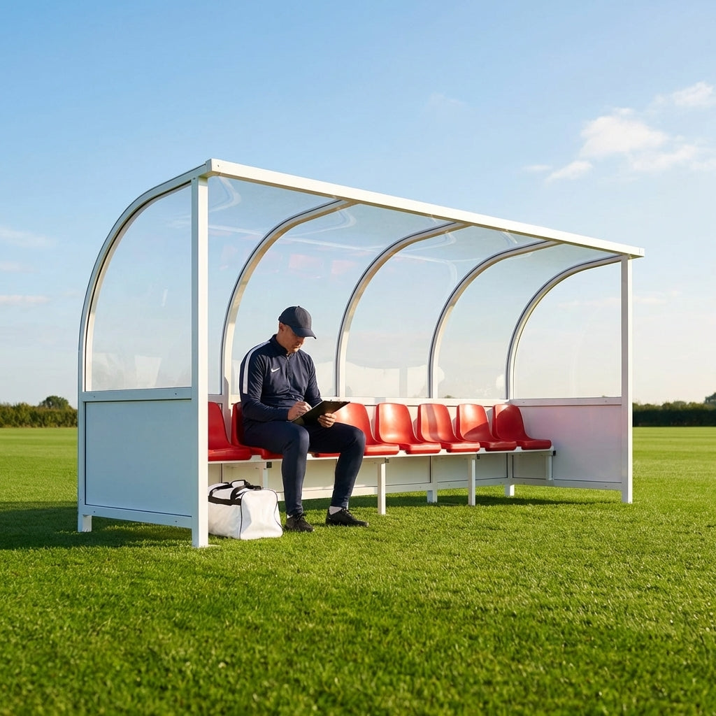 Heavy duty aluminium team shelter with moulded seats