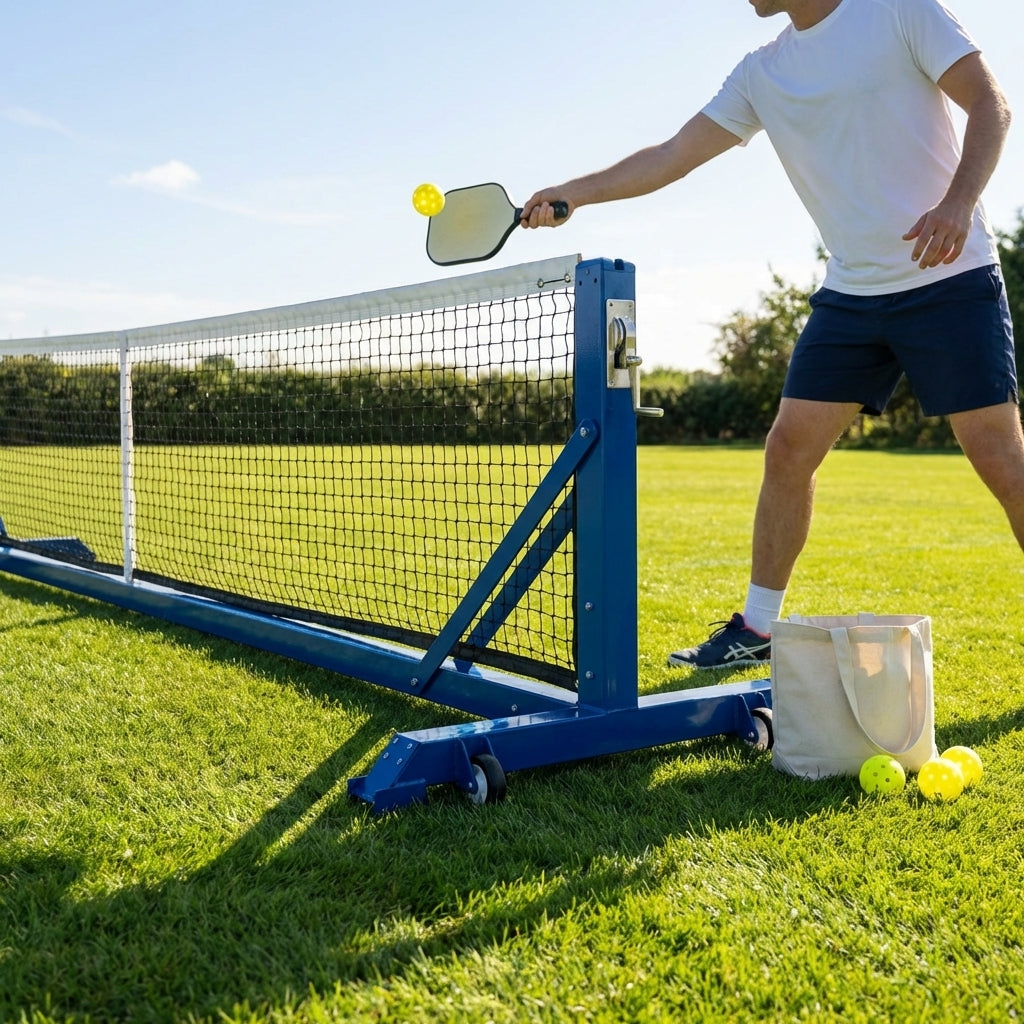 Freestanding aluminium pickleball posts with wheels
