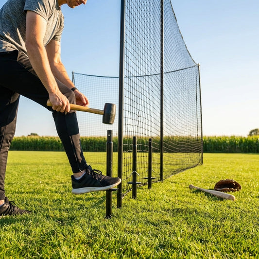 Black steel support poles for baseball batting cages