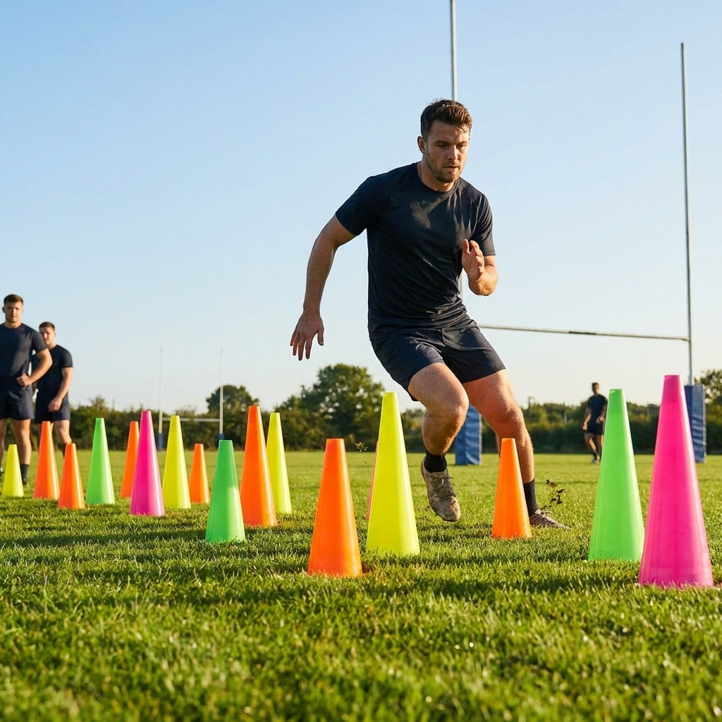 Rugby training marker cones in vibrant colours