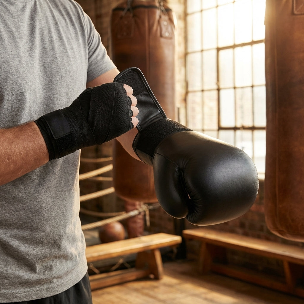 Boxing gloves and hand wraps bundle, PU leather for combat sports