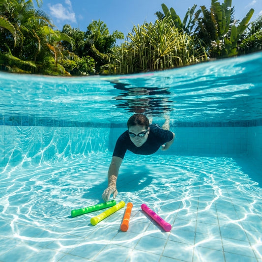 Colourful swimming diving sticks in a pool setting