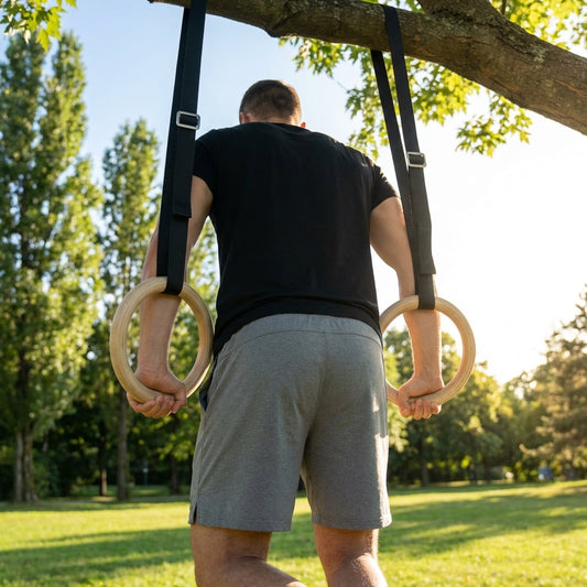 Wooden gym rings with adjustable straps for versatile fitness use - product detail