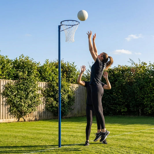 Galvanised steel replacement netball post hoop in blue and pink