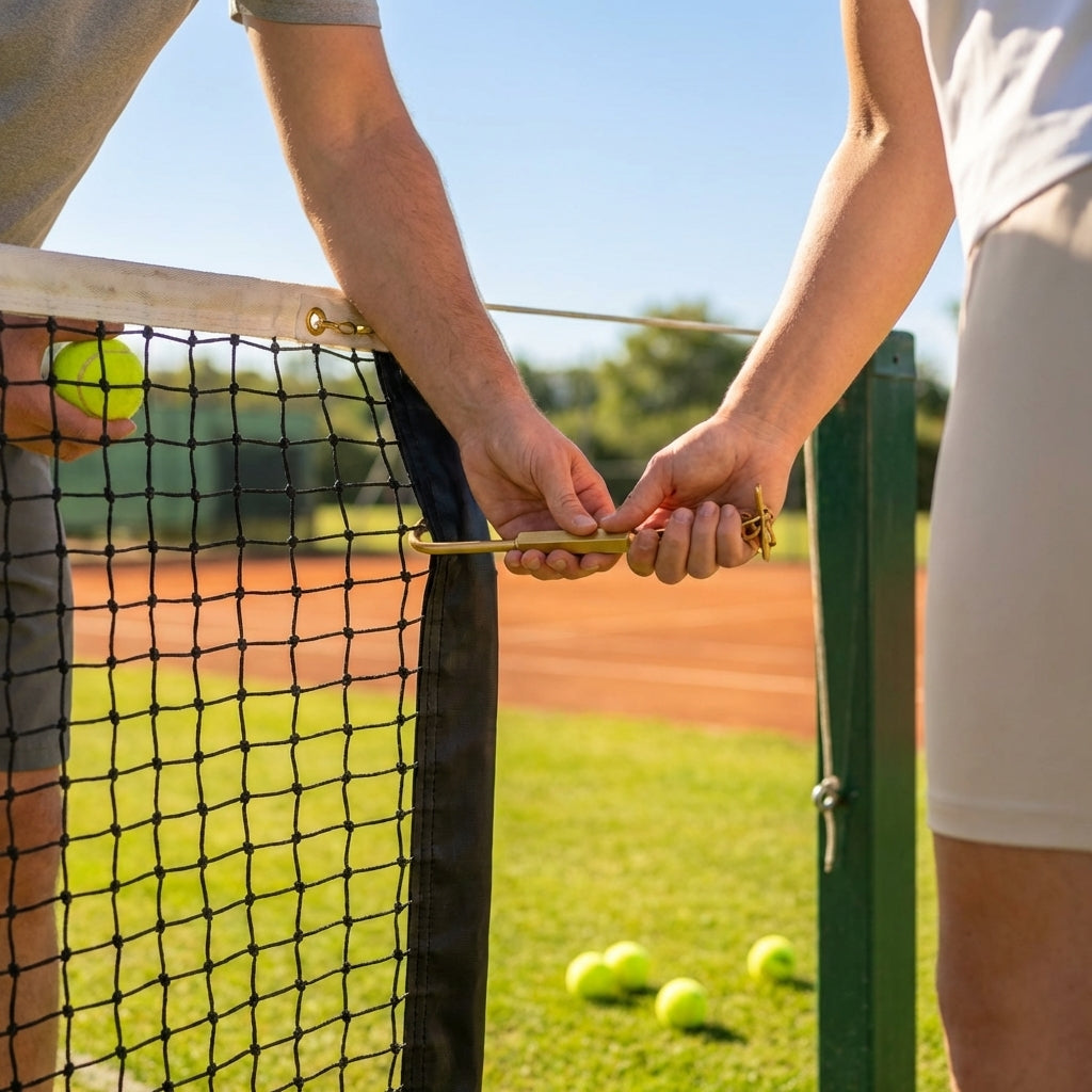 Brass tennis net swivel adjuster for outdoor courts