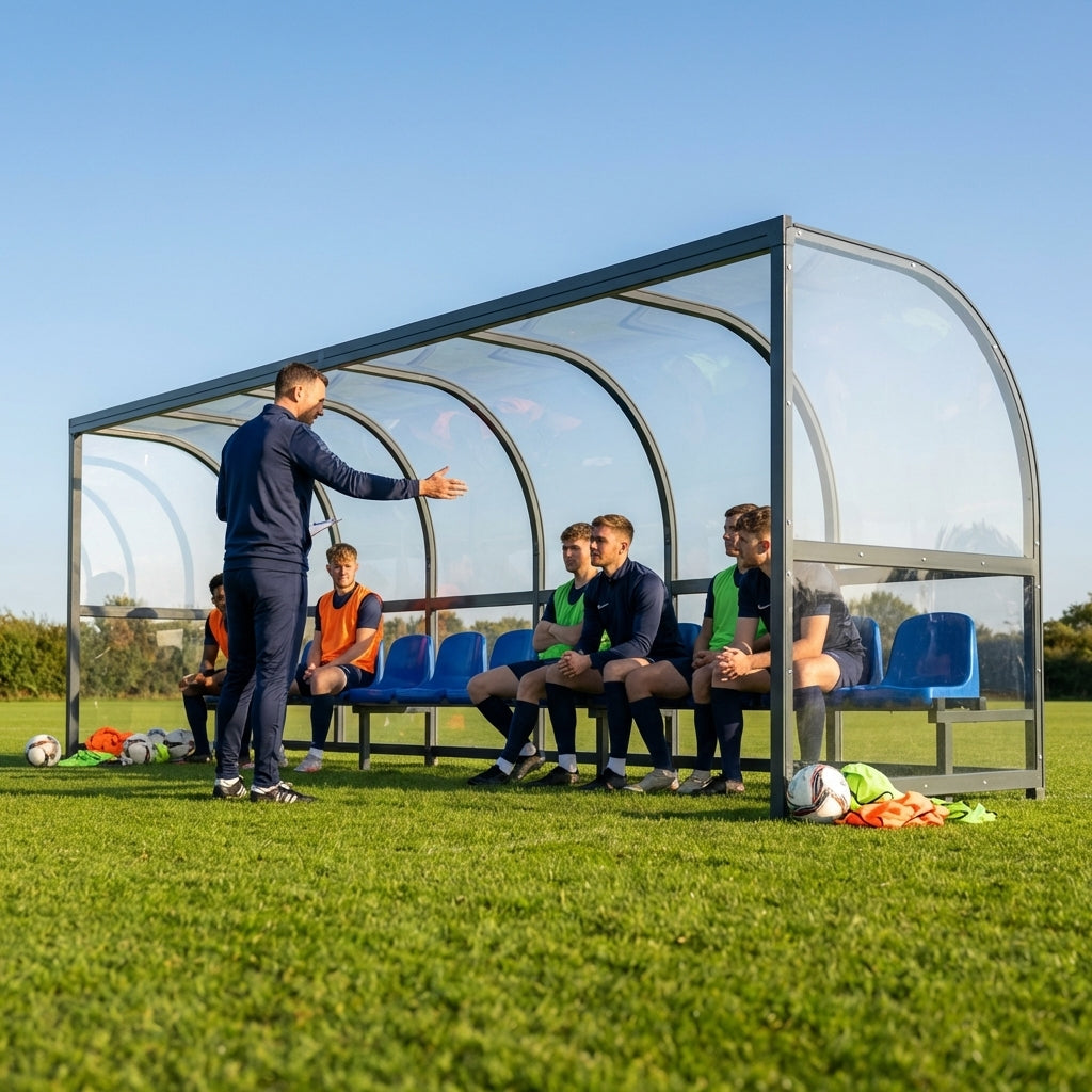 Heavy duty aluminium team shelter with moulded seats - product detail