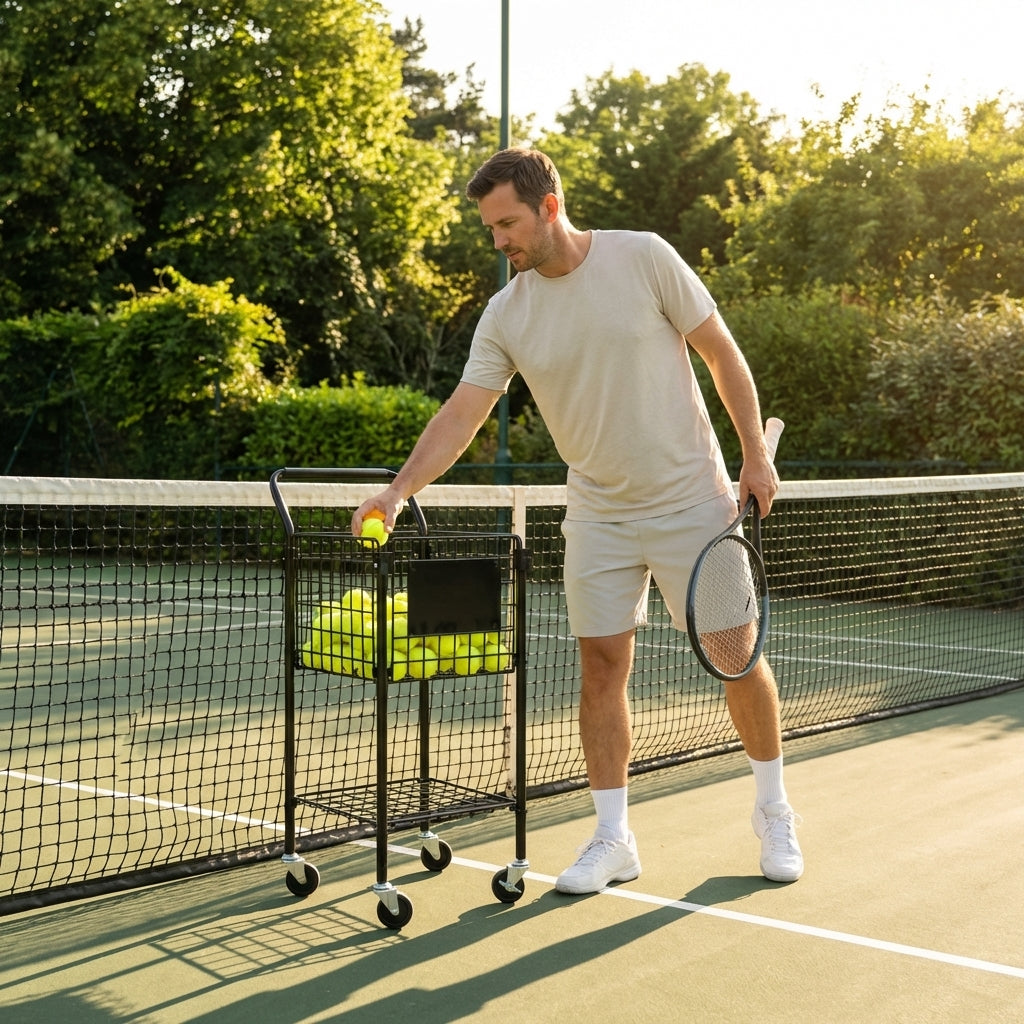 Portable rolling tennis ball basket with aluminium frame and carry bag