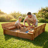 Wooden sand pit with benches, ideal for garden use