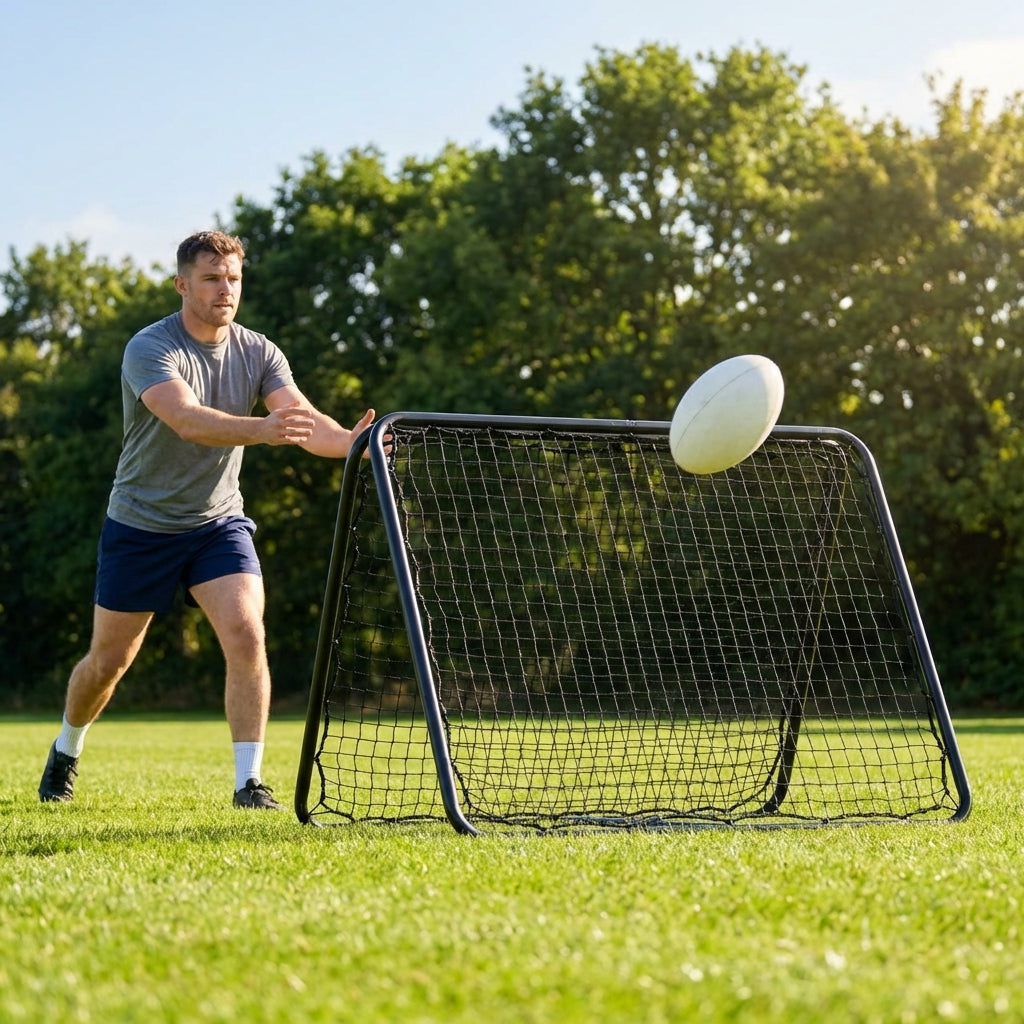 Rugby rebounder with steel frame for training drills
