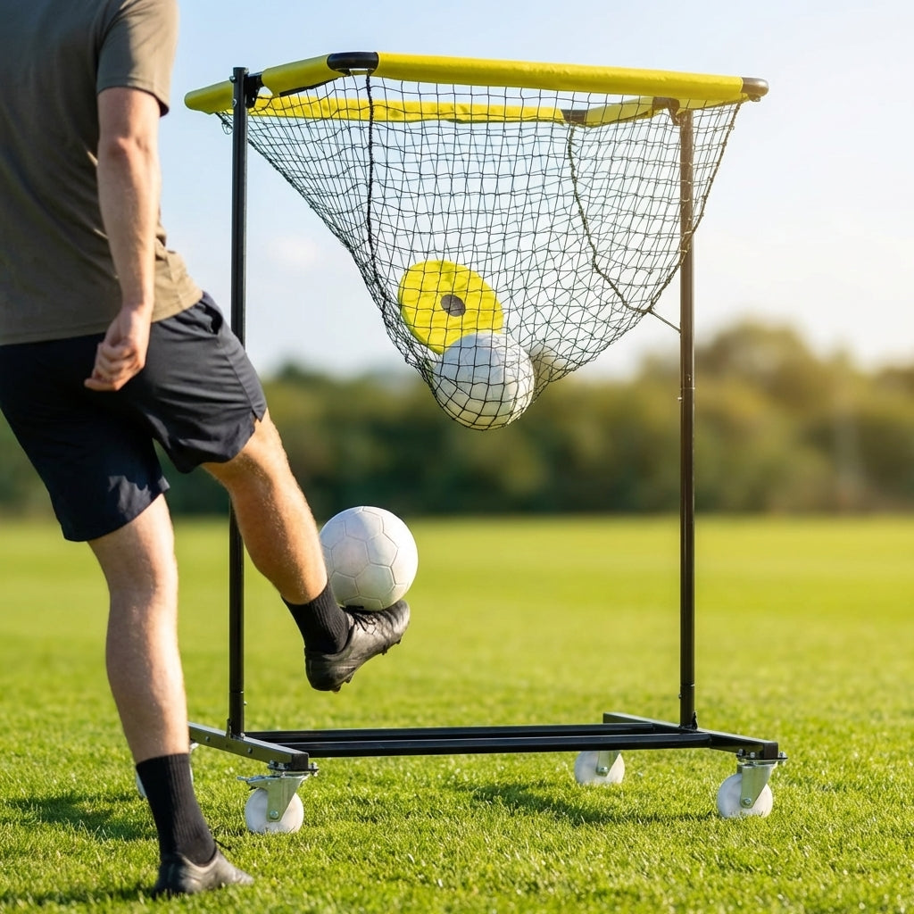 Football target net with black frame and fluorescent yellow bullseye target
