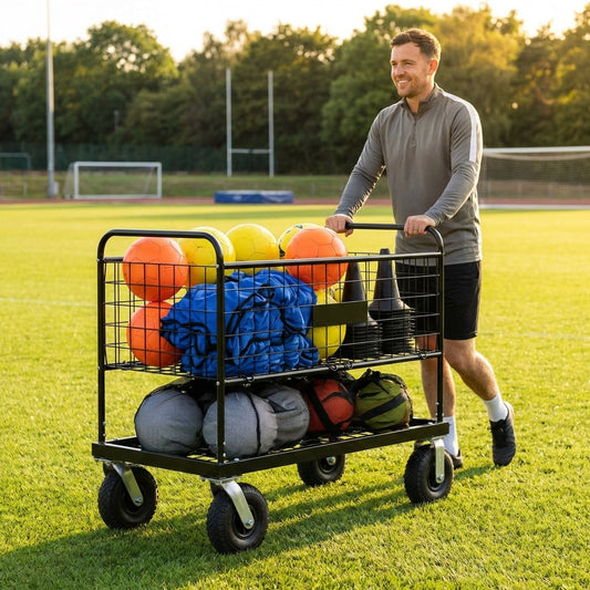 Steel sports equipment storage trolley with wheels for easy movement