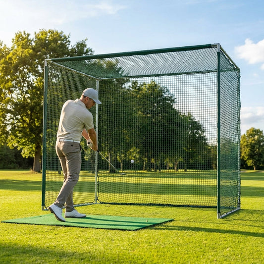 Socketed golf cage with green netting, ideal for garden and range use