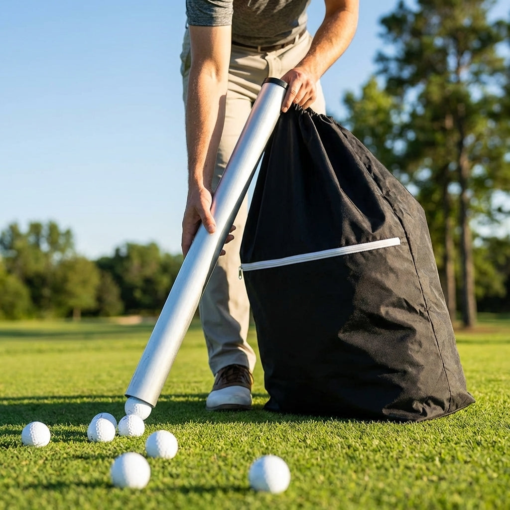 Golf ball shag bag with aluminium tube and nylon storage