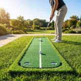 Golf putting mat with realistic turf and dual hole sizes for indoor practice