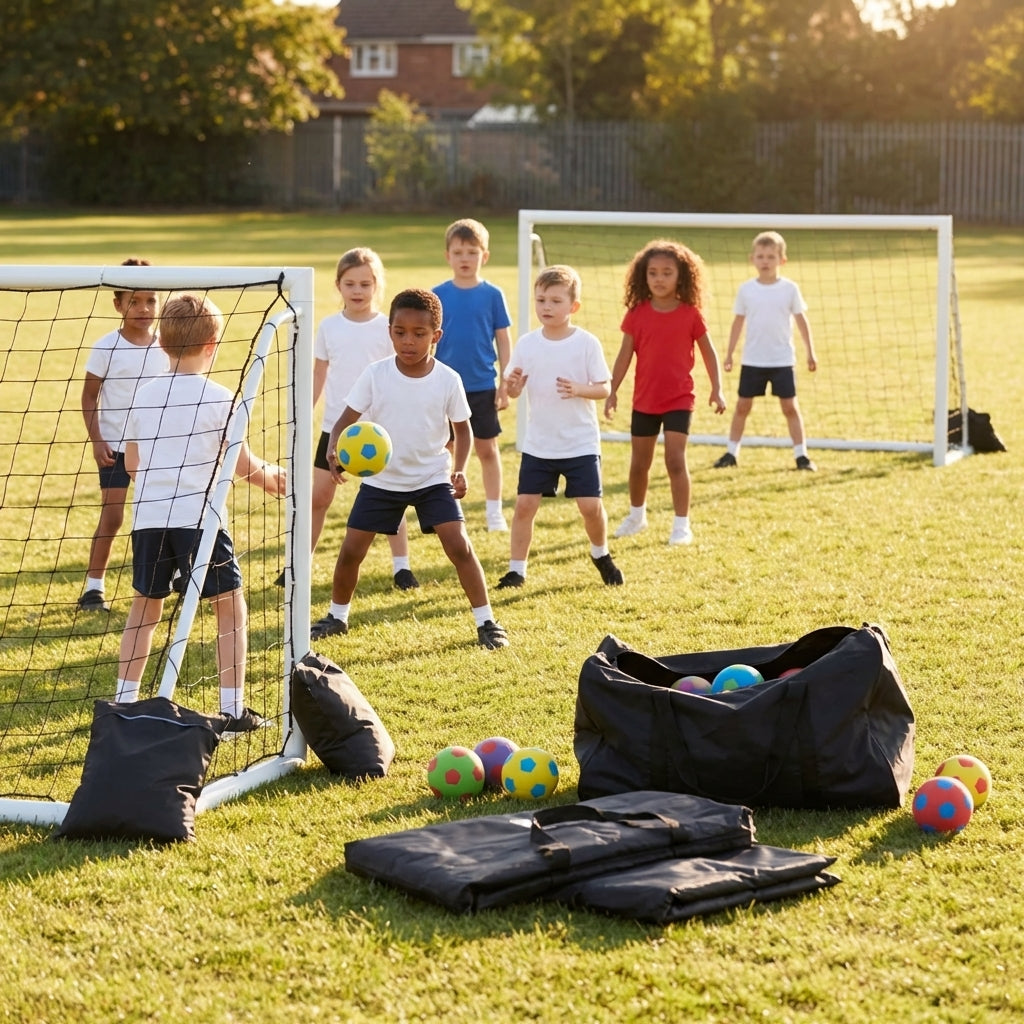 Handball goal and ball pack for primary schools, featuring junior goals and foam balls in assorted colours