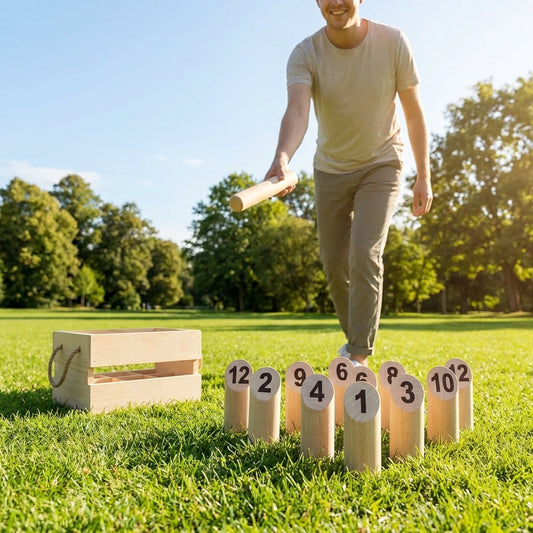 Wooden Kubb Game Set with numbered pins and baton