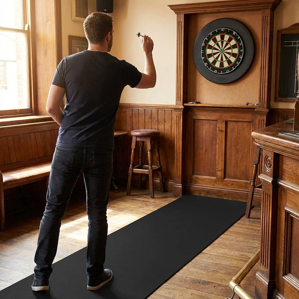 Black rubber darts mat with distance markers