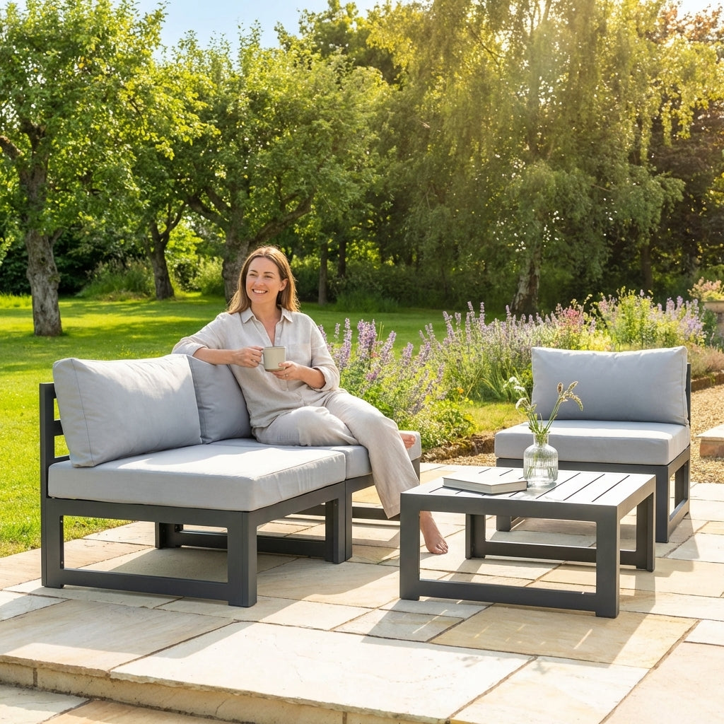Aluminium garden furniture set in grey with cushions for outdoor use
